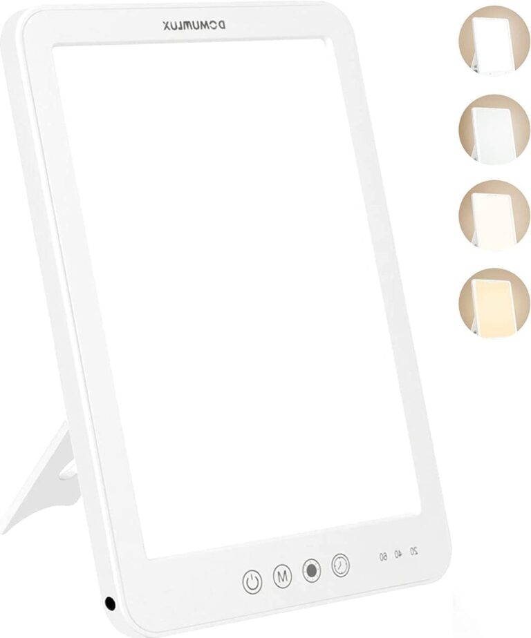 Luminothérapie : lampe compacte de 10 000 Lux avec support et pochette de rangement.