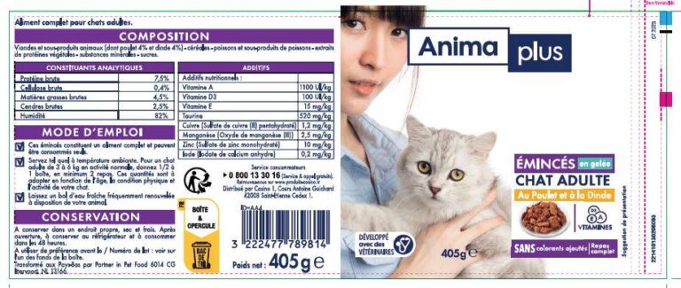 Rappel Consommateur – Détail Emincés en gelée Poulet Dinde 405g Anima Plus Anima Plus