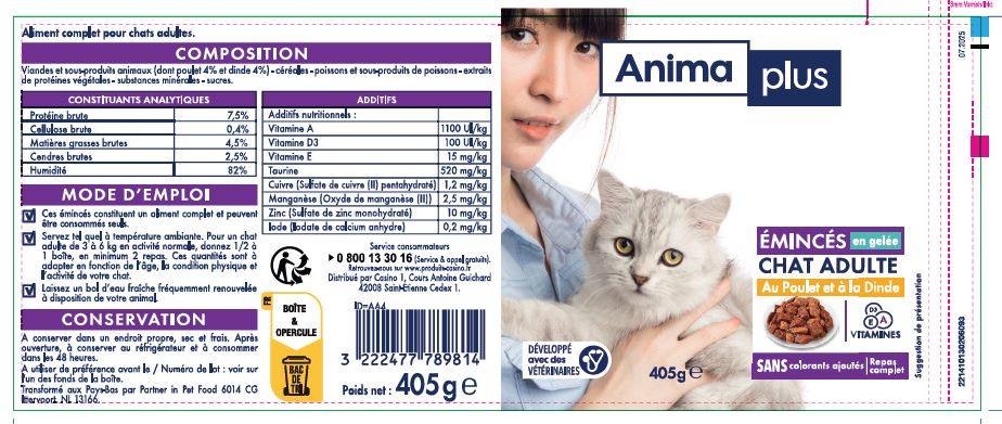 Rappel Consommateur – Détail Emincés en gelée Poulet Dinde 405g Anima Plus Anima Plus