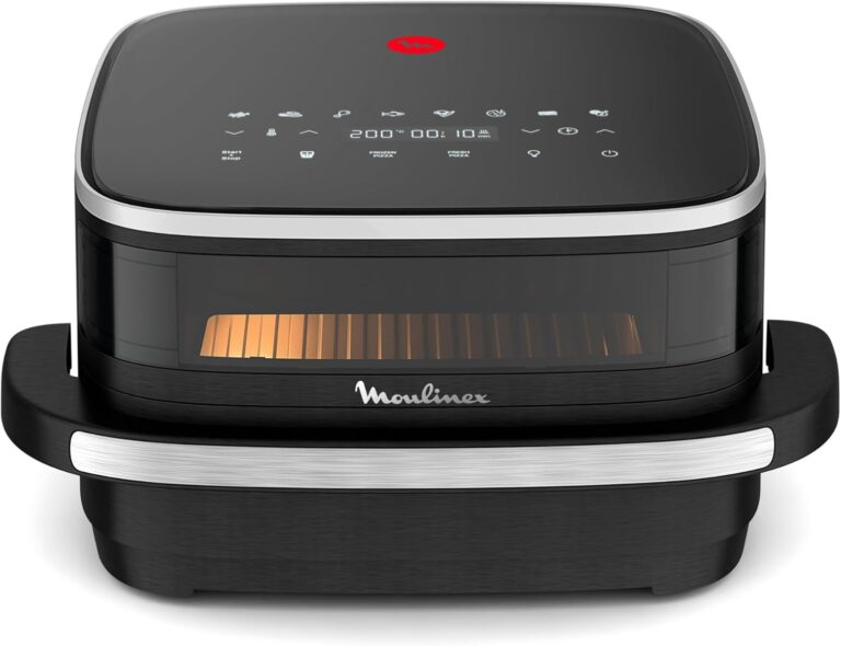 Moulinex Easy Fry XL : Friteuse à air noire de 4L avec grande surface de cuisson et fenêtre de visualisation.