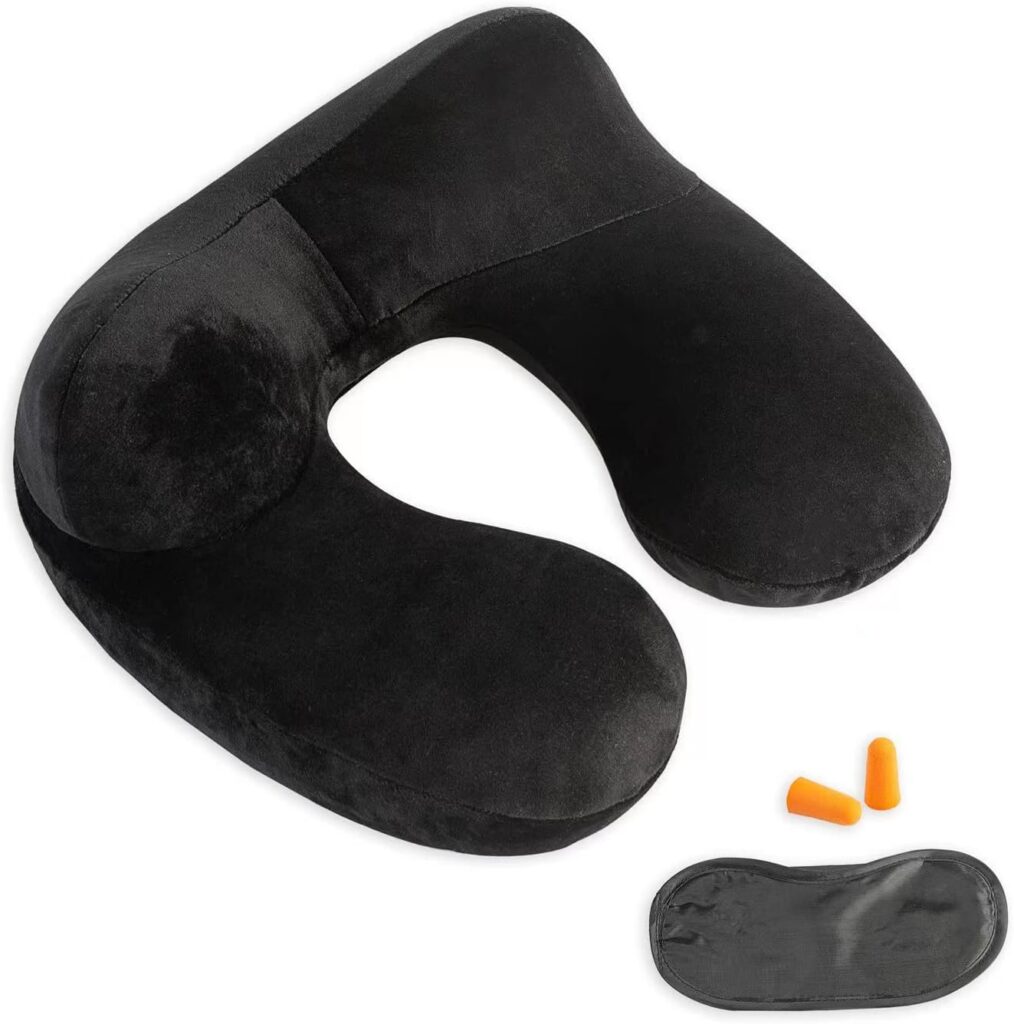 Coussin de voyage gonflable pour soutien cervical, adapté aux avions et voitures avec housse lavable.