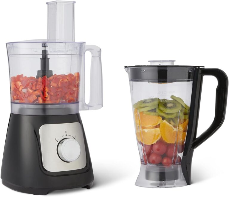 Amazon Basics présente un robot culinaire et fouet de 2,4 litres, 800 W, en noir.