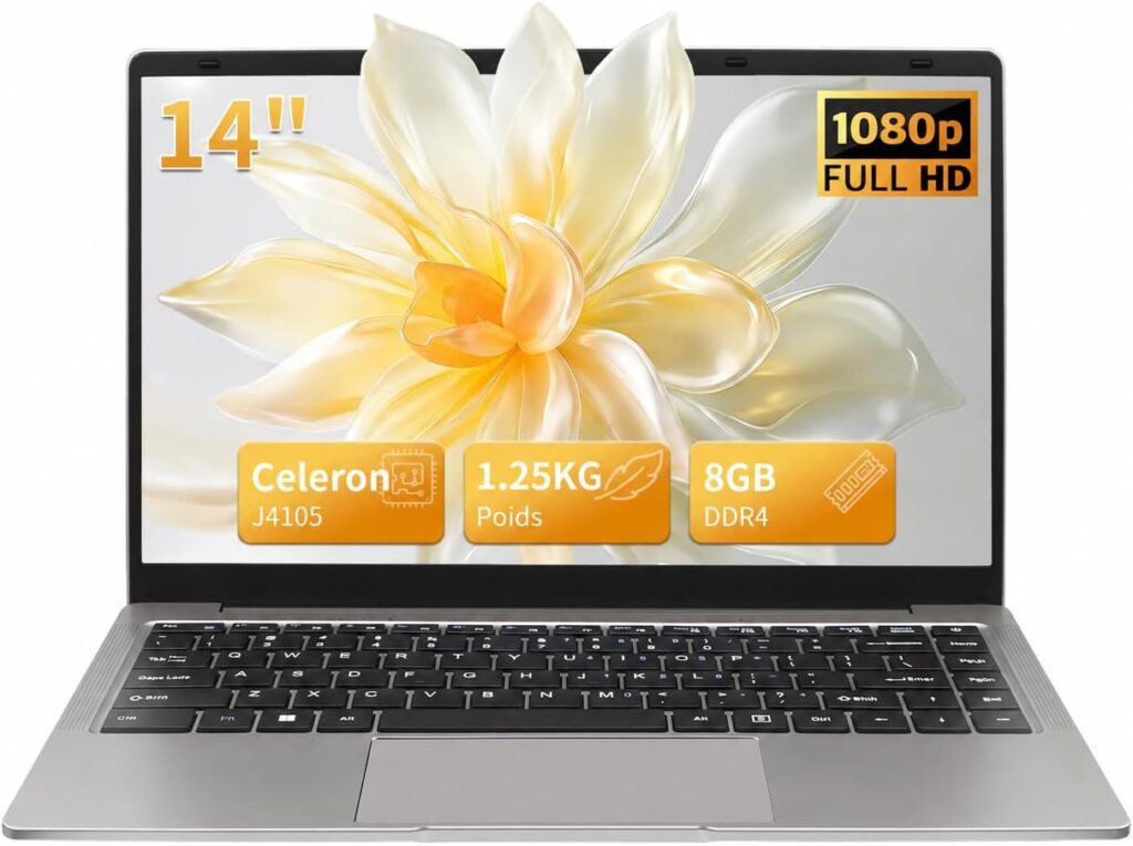 Ordinateur portable Celeron J4105 avec écran 14 pouces IPS et clavier AZERTY pour étudiants et bureaux
