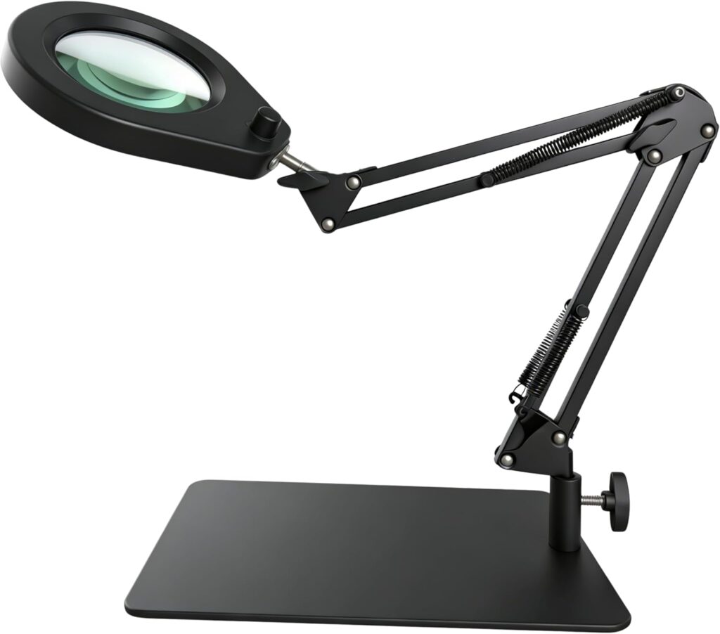 Lente à grossissement de 5X avec support et clip, éclairage LED dimmable pour tâches précises.