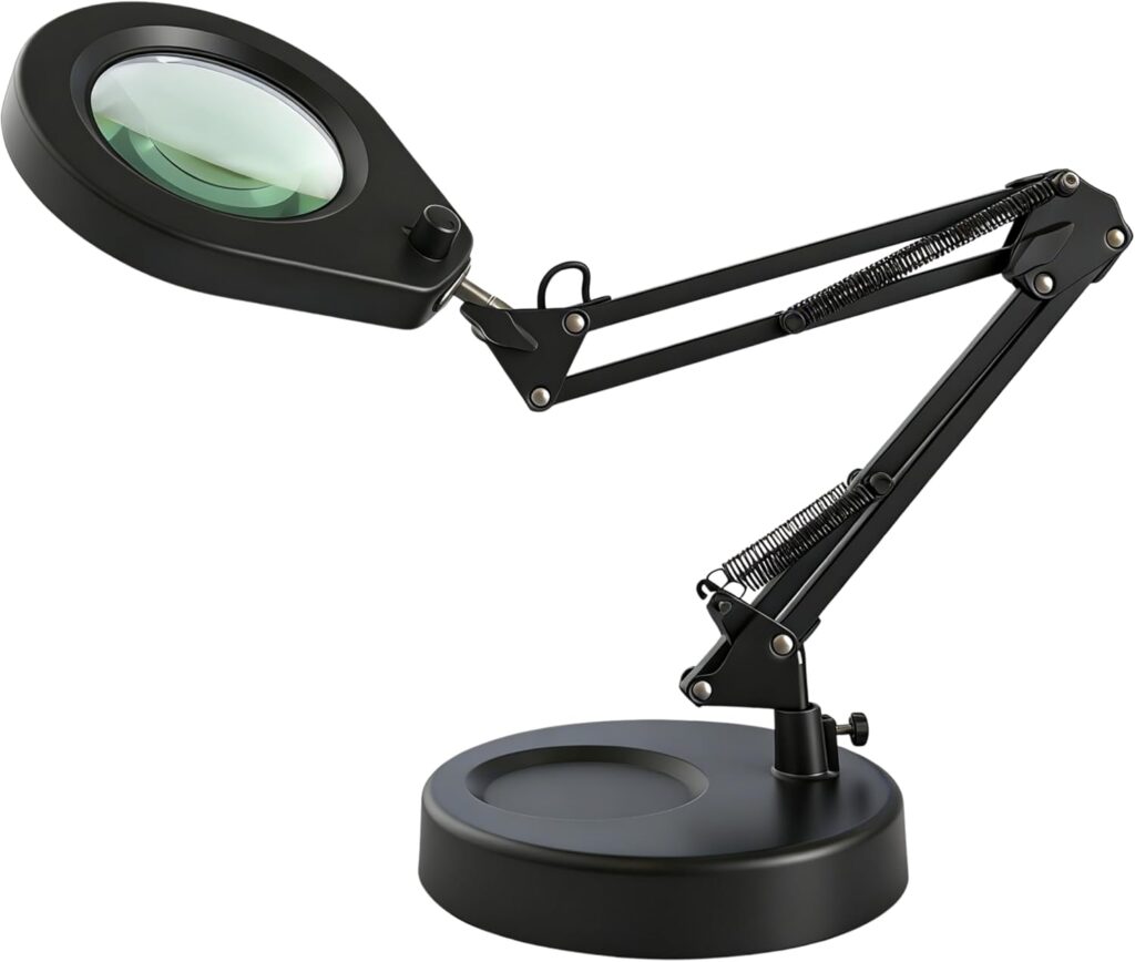 Lampe loupe éclairée 105 mm avec bras réglable et socle pour travaux de précision