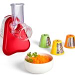 Moulinex présente un coupe-légumes électrique 3-en-1 avec système de cône et pièces amovibles.