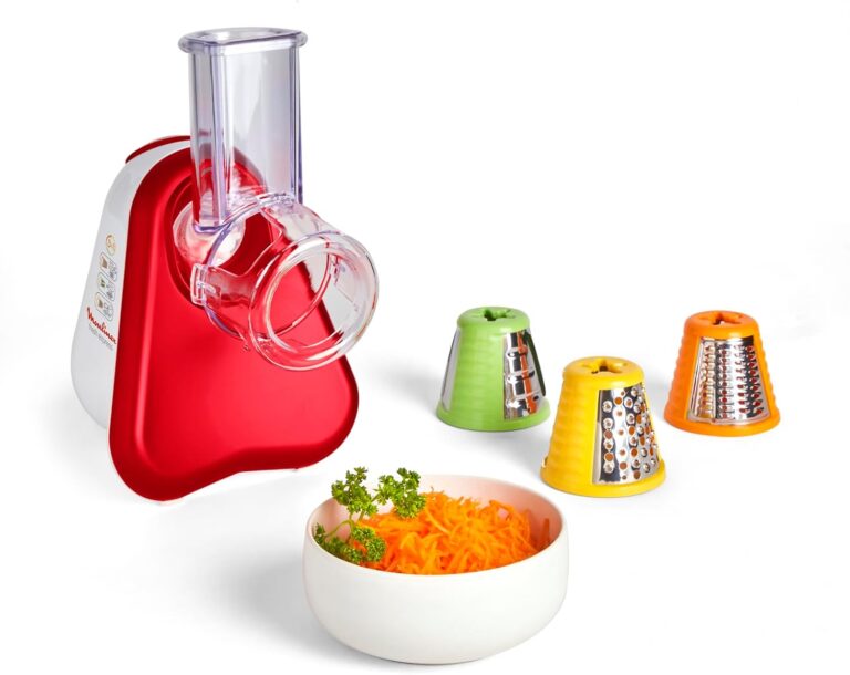 Moulinex présente un coupe-légumes électrique 3-en-1 avec système de cône et pièces amovibles.