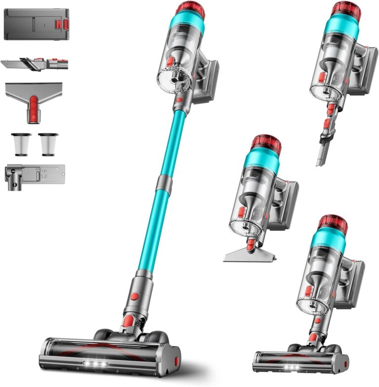 Aspirateur sans fil 60KPA/600W : autonomie de 75 minutes pour les sols durs et les animaux.