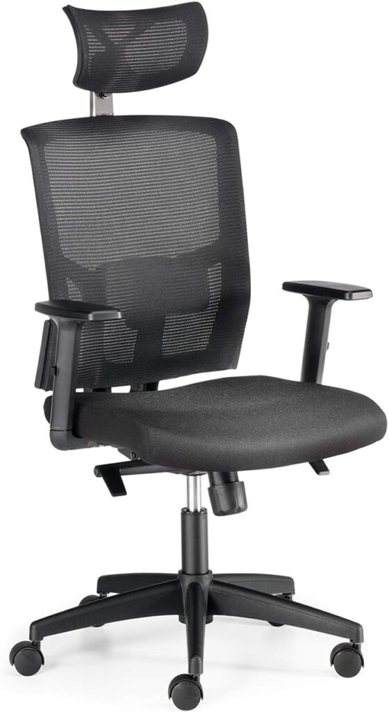 Euromof présente la chaise de bureau ergonomique Vienna avec mécanisme synchrone et support lombaire 2D.