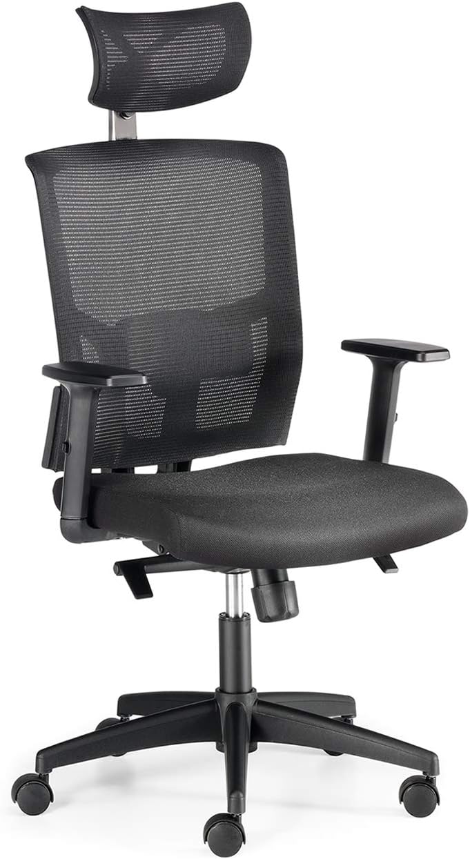Euromof présente la chaise de bureau ergonomique Vienna avec mécanisme synchrone et support lombaire 2D.