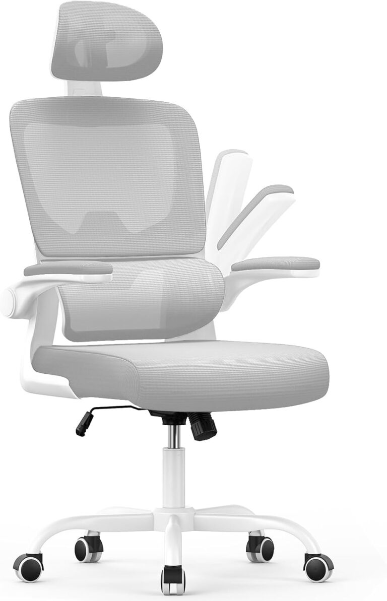Chaise de bureau ergonomique avec support lombaire et accoudoirs réversibles, adaptée pour le travail et la lecture.