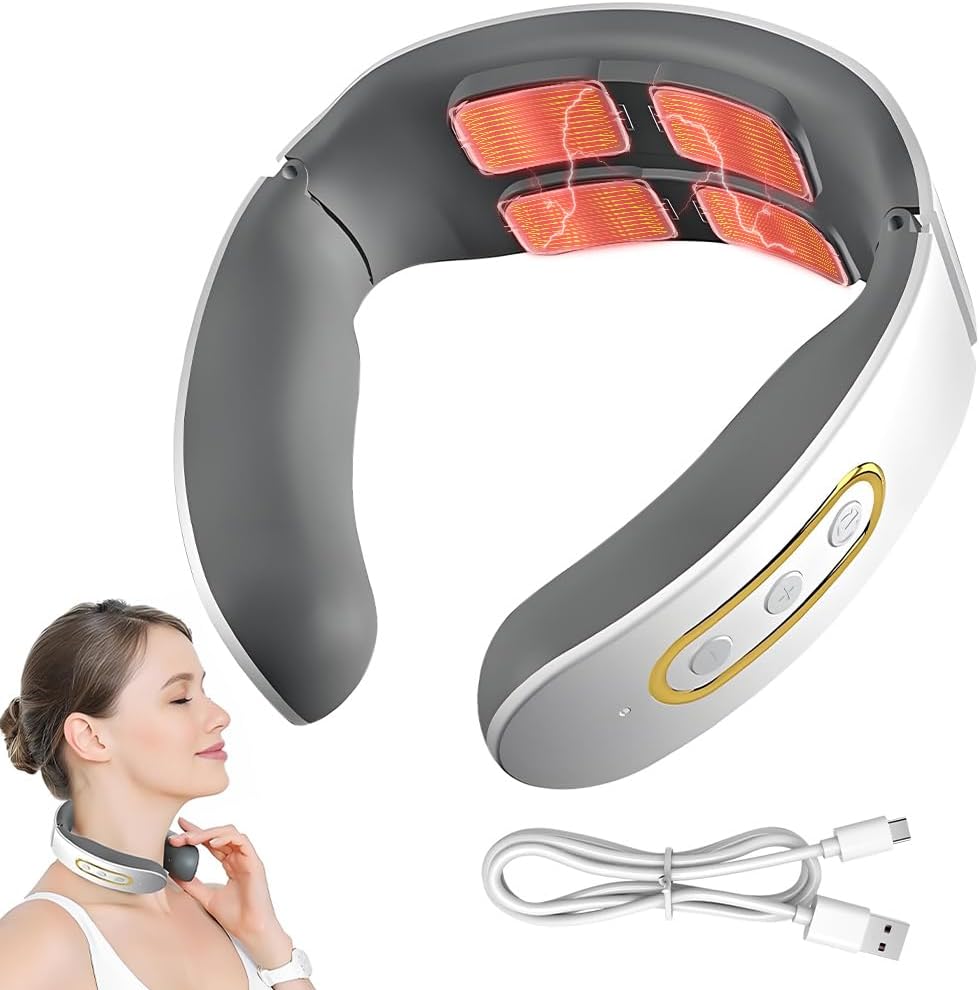 Masseur cervical électrique 11-en-1 avec thermothérapie et 6 modes, portable pour détente au bureau.