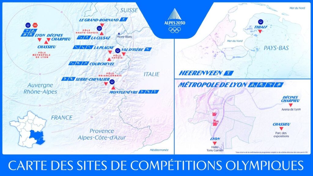 Carte définitive des sites des Jeux olympiques et paralympiques d’hiver dans les Alpes françaises.