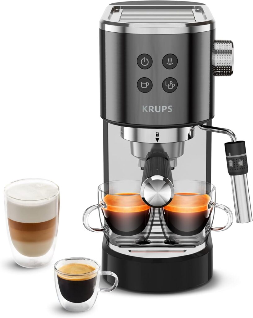 Krups Virtuoso+ : machine à café manuelle avec pompe de 15 bars et buse vapeur en acier inoxydable.