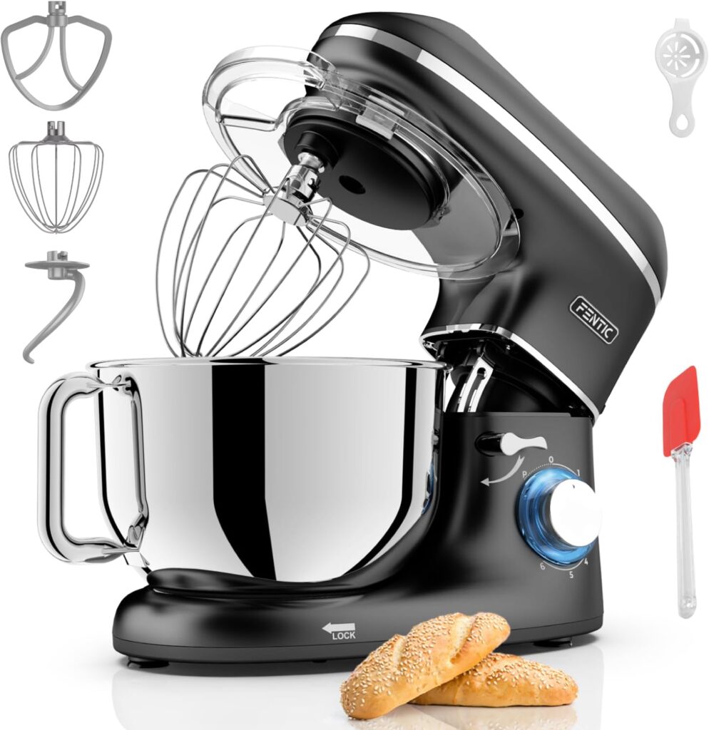 Mixeur à pâtisserie 2000W en acier inoxydable avec bol de 6,2L et accessoires fournis.