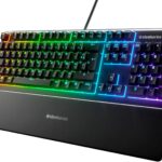 SteelSeries Apex 3 : clavier gaming AZERTY avec rétroéclairage RGB et repose-poignet magnétique.