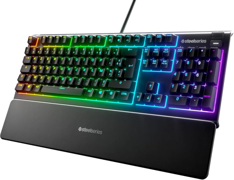 SteelSeries Apex 3 : clavier gaming AZERTY avec rétroéclairage RGB et repose-poignet magnétique.