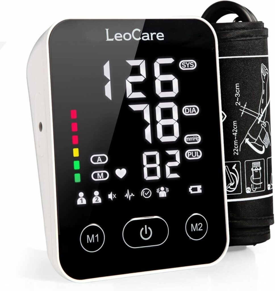 LeoCare : Moniteur de pression artérielle numérique certifié CE pour usage domestique avec détection d’arythmie.
