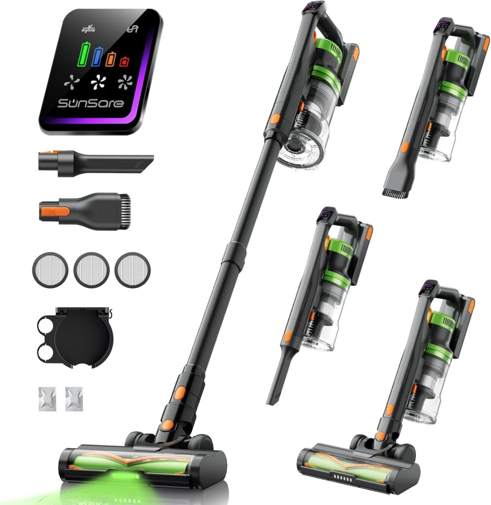 SunSare 65Min 600W Aspirateur Balai Sans Fil avec Écran LED et Brosse Anti-Angles pour Sols et Animaux