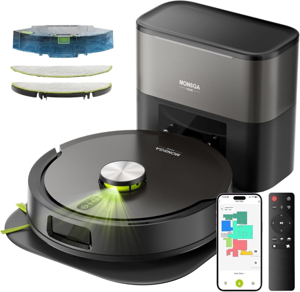 Aspirateur Robot MONSGA 8000Pa avec auto-vidage et navigation LDS pour un nettoyage efficace.