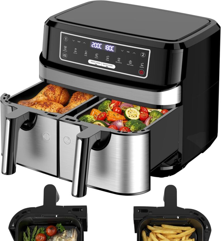 Friteuse à air à double compartiment de 9L avec deux tiroirs de 4,5L et contrôle de température indépendant.