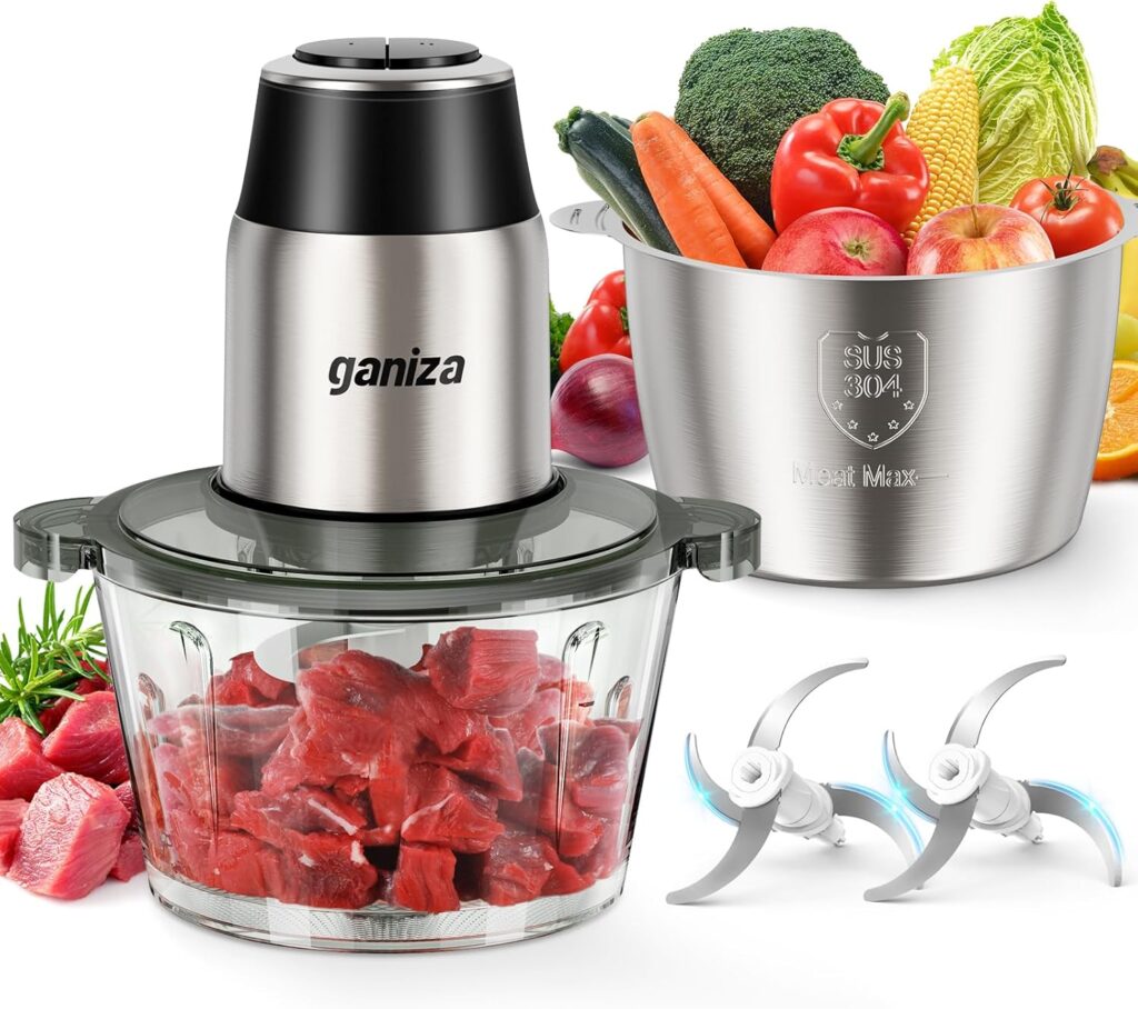 Ganiza 500 W : Hachoir électrique avec doubles lames et deux bols de 1,8L pour viandes et légumes