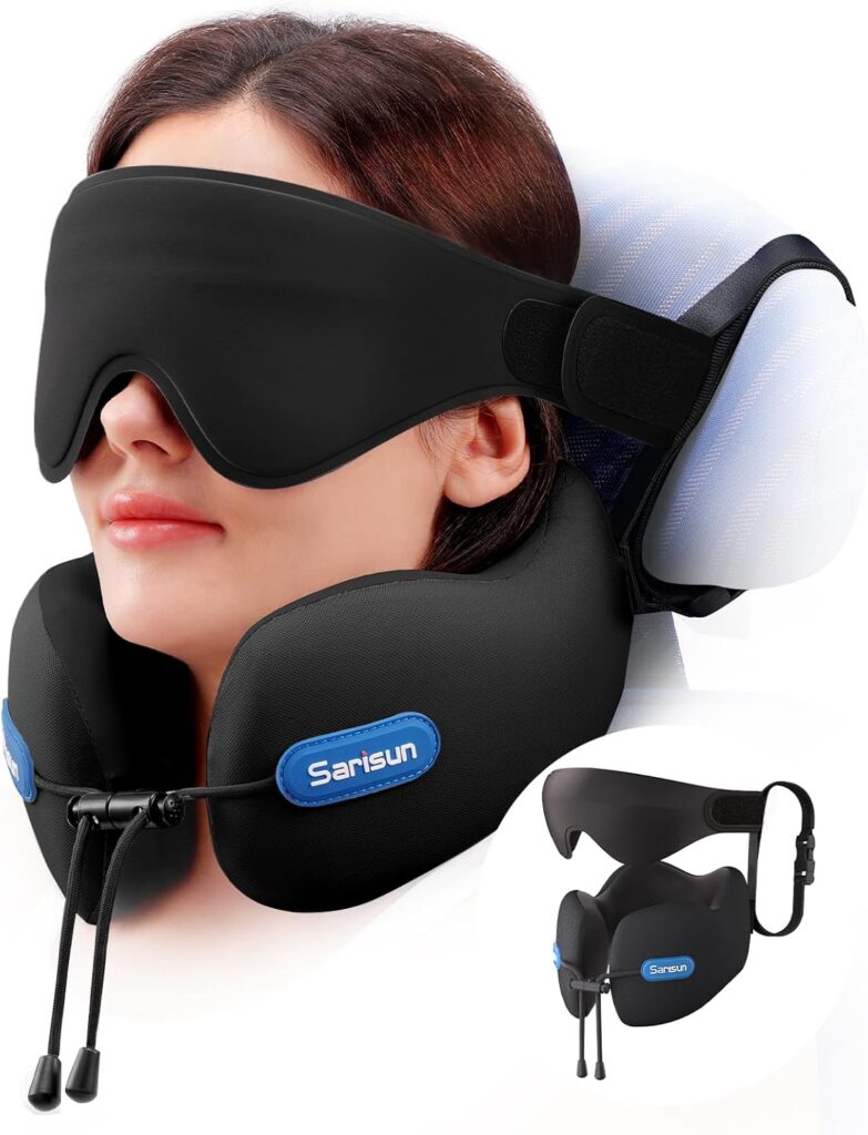 Sarisun présente un oreiller de voyage combiné avec un masque 3D pour un confort optimal.