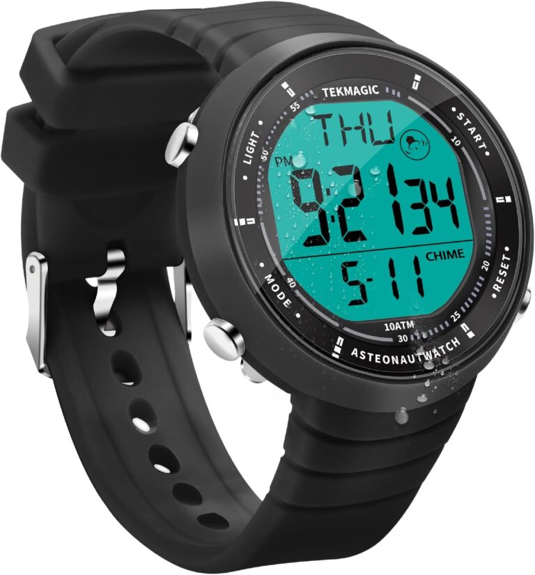 Montre de sport étanche 10 ATM avec alarme, chronomètre et double fuseau horaire.