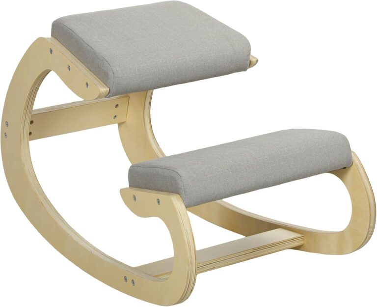 HOMCOM présente une chaise ergonomique inclinable en tissu lin et bois de bouleau en gris clair.