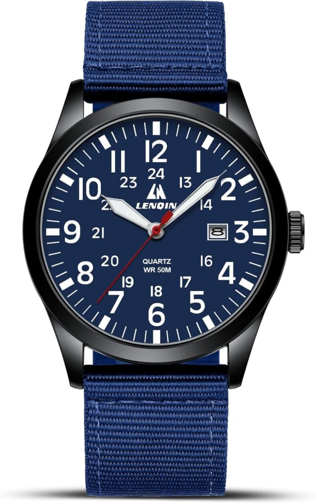 LN LENQIN présente une montre militaire analogique étanche pour hommes avec affichage de date.