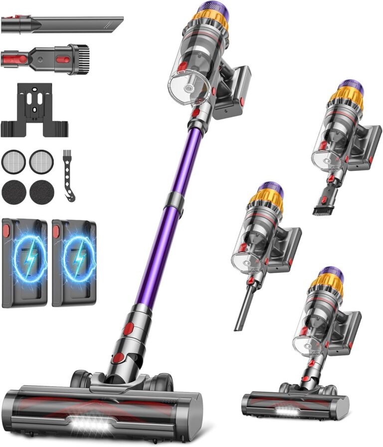 Aspirateur sans fil puissant avec deux batteries et écran LED disponible pour divers types de sols.
