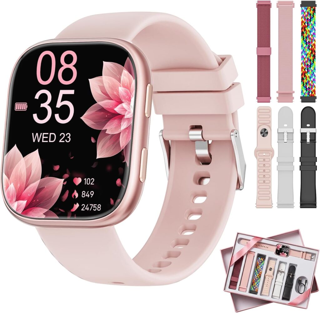 Montre connectée 1.83 » avec 7 bracelets, suivi santé et plus de 100 modes sportifs.