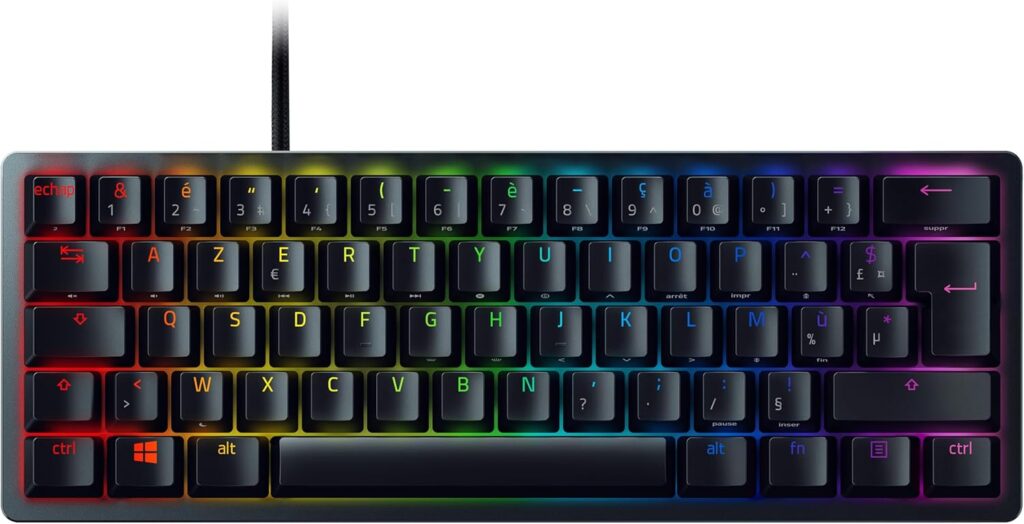 Razer Huntsman Mini AZERTY : Clavier de jeu compact 60% avec switches mécaniques et câble USB-C.