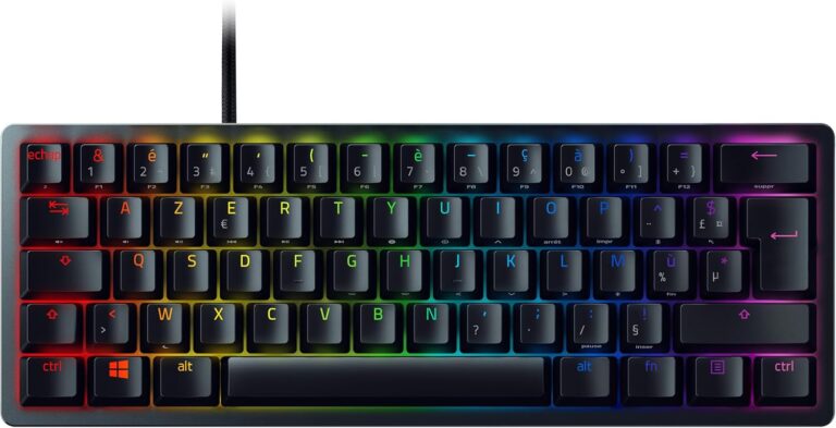 Razer Huntsman Mini AZERTY : Clavier de jeu compact 60% avec switches mécaniques et câble USB-C.