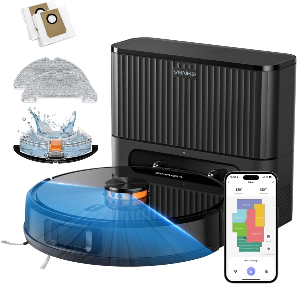 VONKO S6 Pro : Robot Aspirateur avec Station Automatique et Navigation LiDAR, 8000Pa