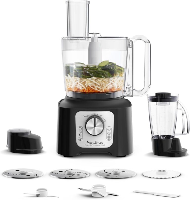 Moulinex présente le robot de cuisine Double Force Compact de 3 L avec 9 accessoires en France.