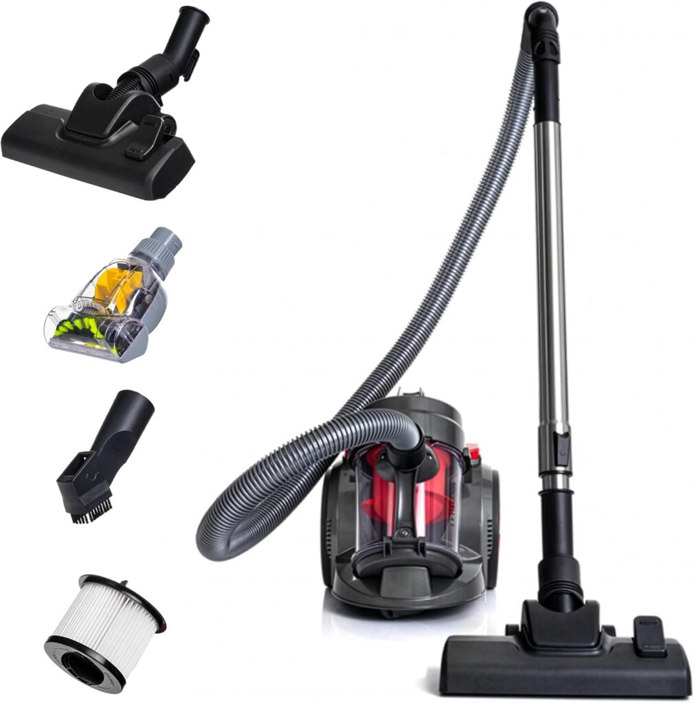 Aspirateur sans sac Lehmann Tinosa : puissance d’aspiration élevée et filtre HEPA inclus.