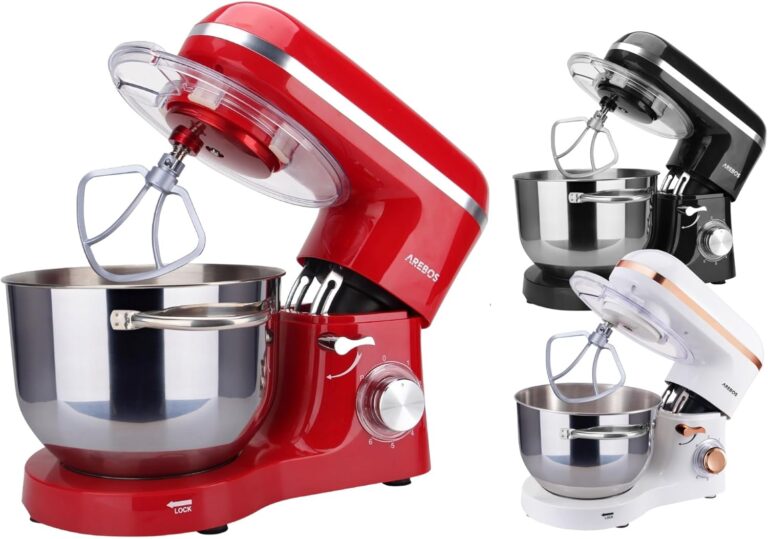Mélangeur Arebos 1500 W avec bol en acier inoxydable de 6 L et accessoires compatibles.