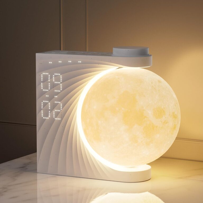 RETEYUNG Moon Lamp : Lampe de chevet avec horloge, 8 couleurs et sons naturels