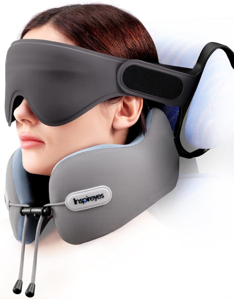 Inspireyes lance un coussin de voyage avec sangle, masque 3D et soutien cervical pour vols longs.
