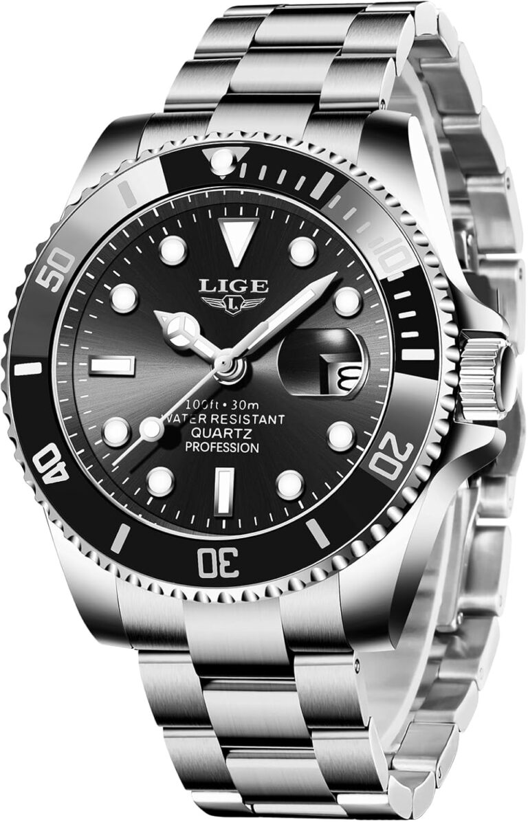 Montre analogique LIGE pour hommes en acier inoxydable, étanche et avec affichage de date.