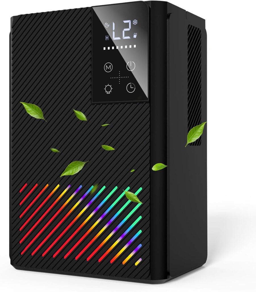 Déshumidificateur électrique silencieux de 2500 ml avec arrêt automatique et éclairage LED pour chambre et salle de bain.