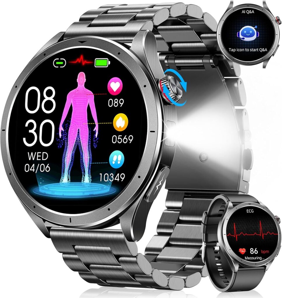 Montre connectée homme avec ECG, suivi sommeil, pression artérielle et 120+ modes sportifs.