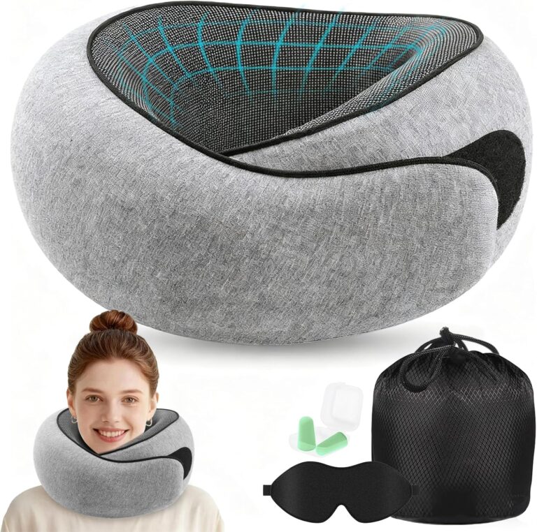 Pillow de voyage ergonomique en mousse à mémoire avec housse lavable et accessoires.
