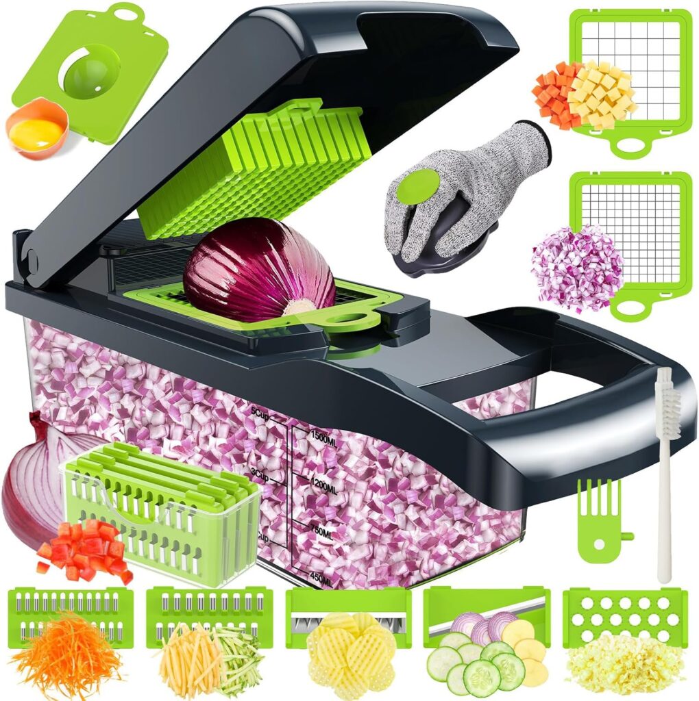 Cutter à légumes multifonction 16 en 1, 7 lames ajustables pour cuisine professionnelle.