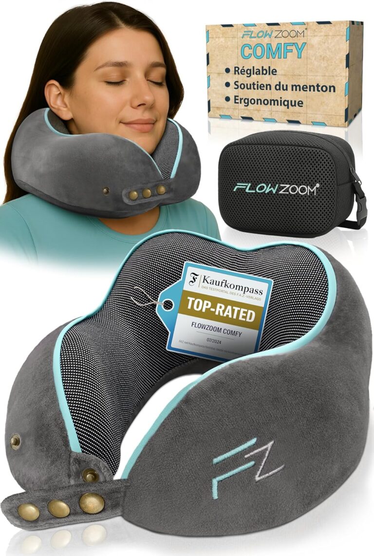 FLOWZOOM présente un oreiller de voyage ajustable en mousse à mémoire pour un soutien à 360 degrés.