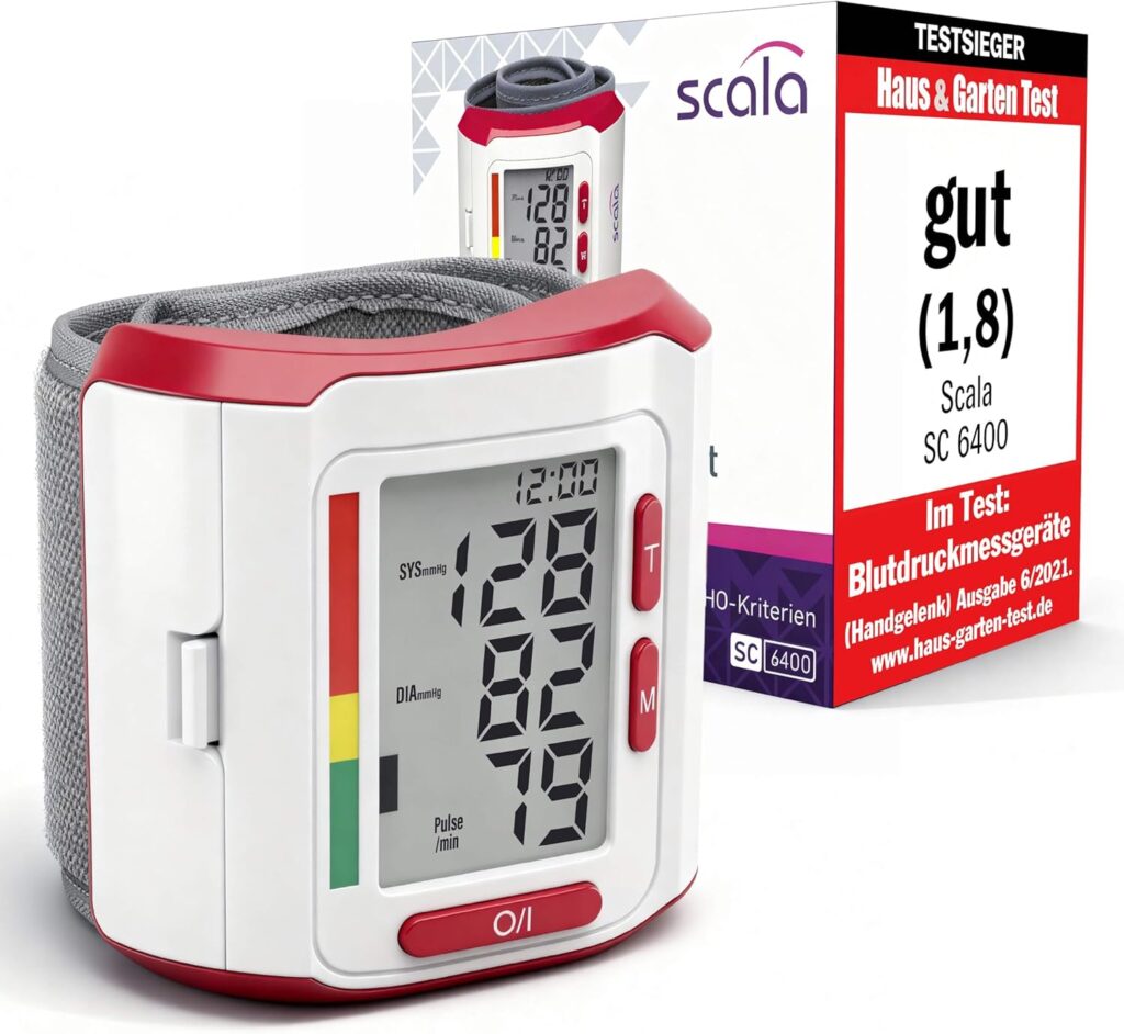 Scala SC 6400 : Un tensiomètre de poignet rouge et blanc pour un suivi de santé efficace.