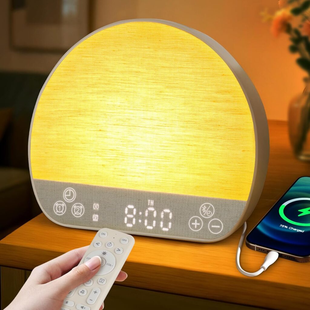 Réveil lumineux Charmofun avec simulateur d’aube et 37 sons pour améliorer le sommeil.