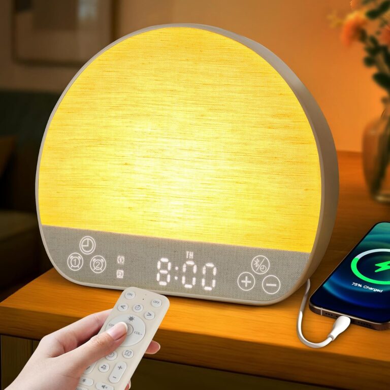 Réveil lumineux Charmofun avec simulateur d’aube et 37 sons pour améliorer le sommeil.