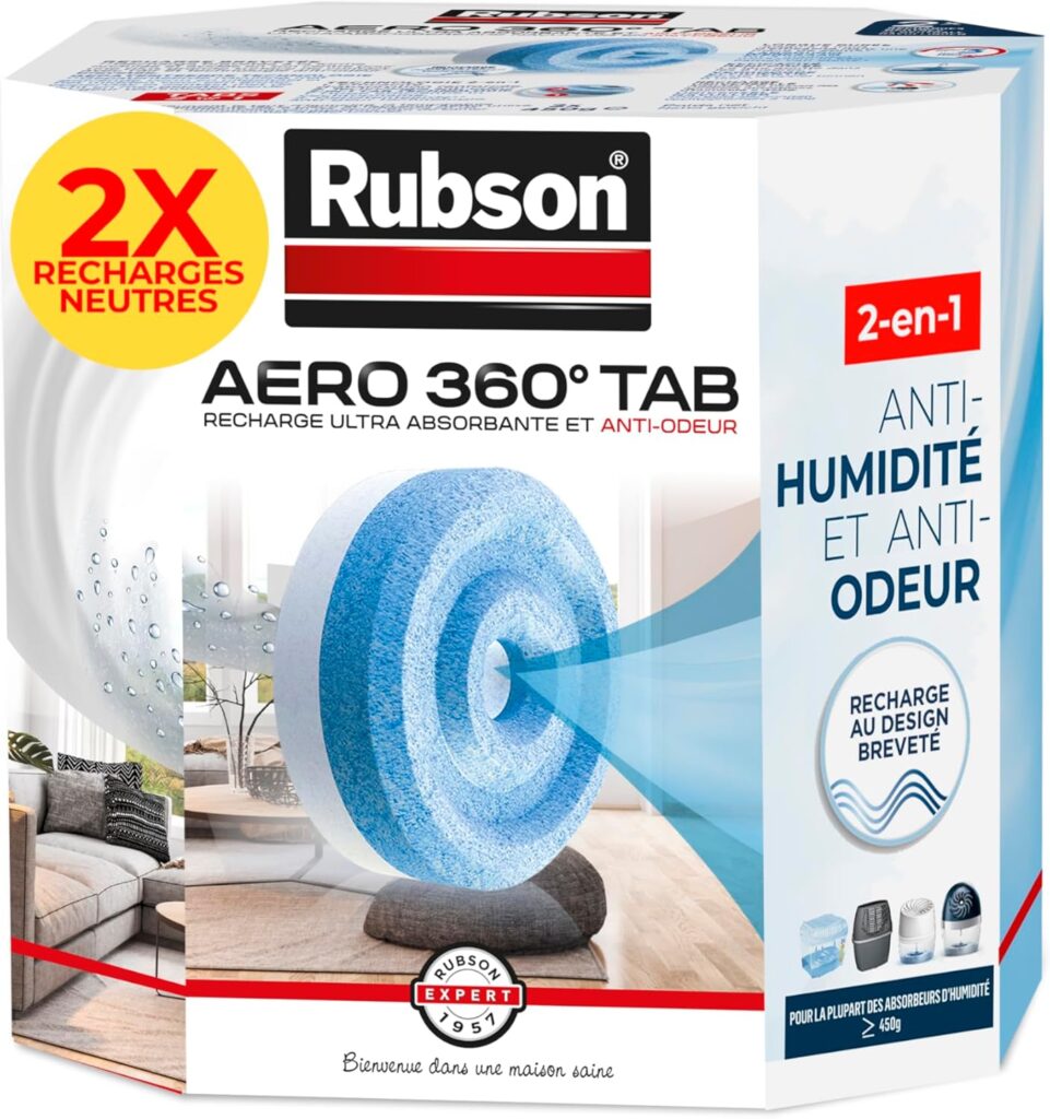 Rubson AERO 360° : Recharges absorbantes et résistantes aux odeurs de 450 g disponibles.
